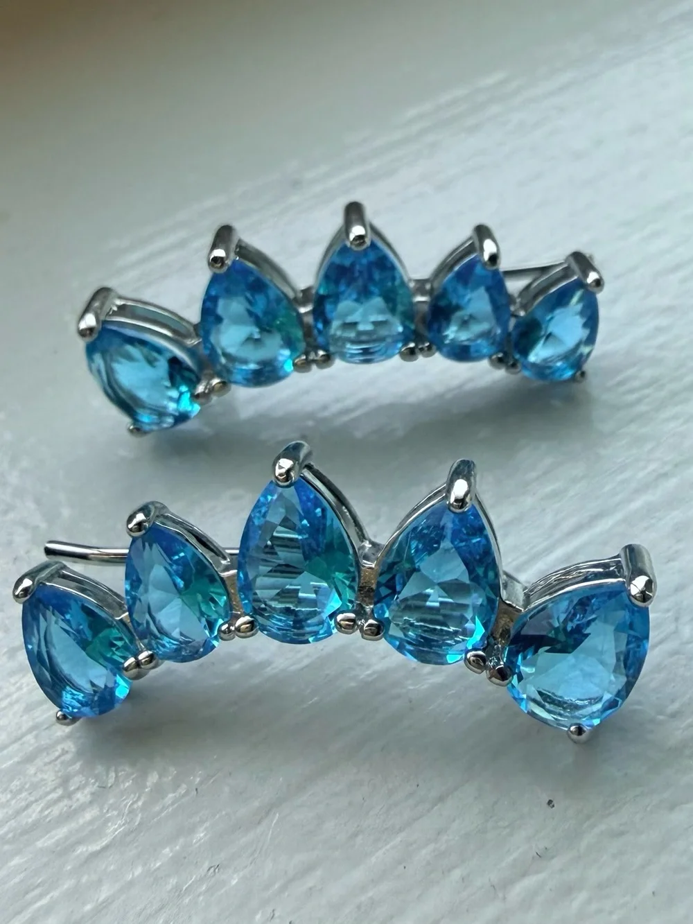 NEW!! 14k White Gold Plated Blue Teardrop Crystal Ear Climbers/Crawlers